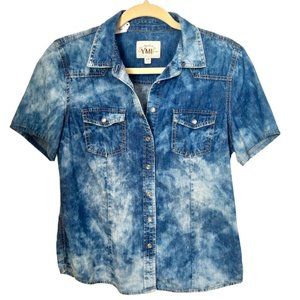 YMI Marbled Denim Shirt, Short Sleeved and Pearl Buttons Size M